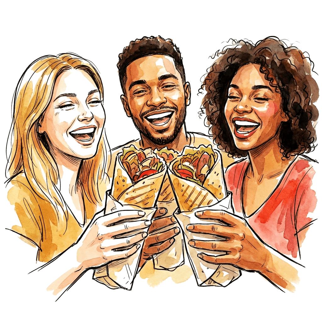 Illustration of friends laughing and eating