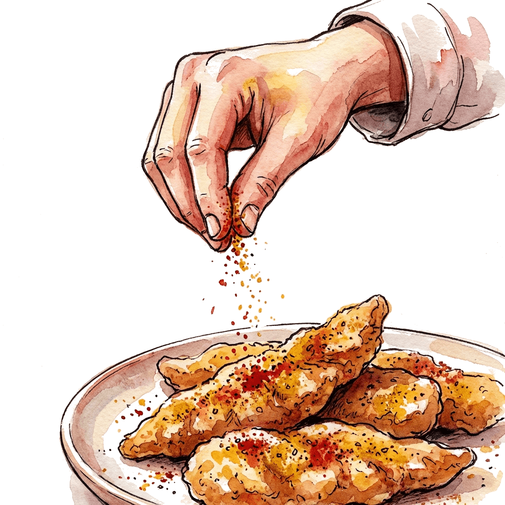 Watercolour of a hand sprinkling spice over fried chicken